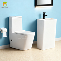 Ensemble WC sans bride et lavabo sur colonne en céramique pour salle de bain, modèle carré monobloc à chasse directe, idéal pour les projets hôteliers