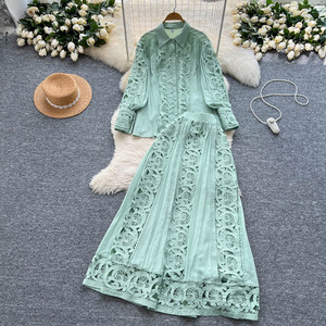 Set Camicetta e <span class=keywords><strong>Gonna</strong></span> in Stile Corte Francese con Colletto Rovesciato, Elegante Camicia a Maniche Lunghe + <span class=keywords><strong>Gonna</strong></span> Midi a Vita Alta <span class=keywords><strong>Svasata</strong></span>, Completo da Donna in 2 Pezzi - Product Image 6