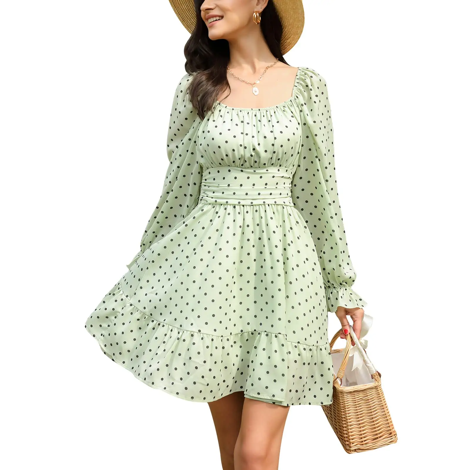 Женские летние платья, Дамское Платье с длинным рукавом, квадратным вырезом и оборками, эластичная талия, Алин, повседневные женские мини-платья