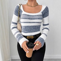 Suéter Casual de Estilo Europeo Americano para Mujer, Otoño Invierno, Tejido Suave, Cuello Cuadrado, Diseño a Rayas, Colores Contrastantes
