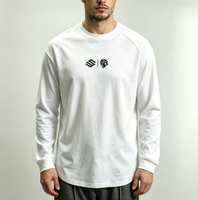 T-shirts formels pour hommes en toile de coton 100% compressée, blancs, col rond, manches longues, impression sérigraphique, surdimensionnés, 180 grammes, anti-rétrécissement