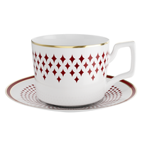 Service de table de luxe en porcelaine fine rouge et or, motif géométrique, assiettes, bols, tasses, pour hôtels, restaurants, mariages