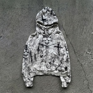 Sudadera con capucha de forro polar de 450 gramos, estilo streetwear, personalizada, extragrande, con estampado de letras dibujadas a mano en toda la superficie, con cremallera completa, marca privada, OEM, ODM - Product Image 2