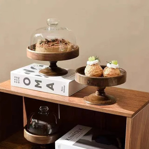 Acacia Wood Glass Covered Fruit <b>Plate</b> Round Solid Color Dessert Tray For Home Party Display - Product Image 1