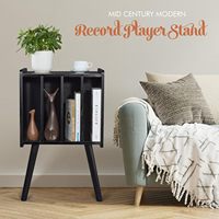 Support pour tourne-disque en bois massif avec 4 compartiments de rangement, capacité de 100 disques vinyles, étagère pour livres et magazines, style moderne du milieu du siècle