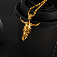 Collier de rue hip-hop personnalisé, mode rétro tendance, pendentif crâne de vache animal en acier inoxydable, collier punk en corne