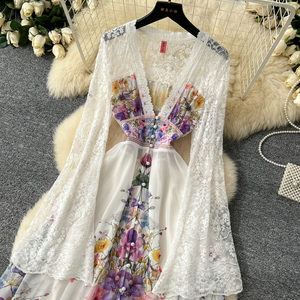 Vestido Maxi Floral Vintage de Primavera para Mujer, con Mangas de Encaje, Cuello en V Profundo, Botones al Frente, Vestidos para Vacaciones - Product Image 4
