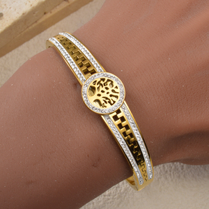 En Acier Inoxydable Interlocking Plant Design Spring-Clasp Trendy Sturdy 18K Gold Plated Zircon Decorative <b>Couple</b> Bangle - Product Image 2