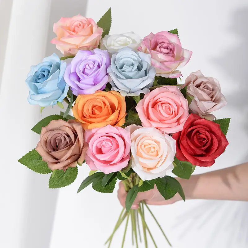 Artificial Flower Rose Realistic Single Stem Fake Silk Rose Bouquet for Wedding Party Home Centerpiece Decor