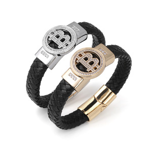 Handmade Braided <b>Leather</b> <b>Bracelet</b> With PVD Gold Stainless Steel Magnetic Clasp & Rotatable Zircon Charm | Stylish Men's Jewelry - Product Image 1