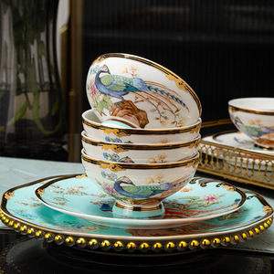 Bol en céramique plaqué or de haute qualité, ensemble de vaisselle en porcelaine fine, bol à riz haut de gamme pour la maison, bol à soupe et à dessert - Product Image 1
