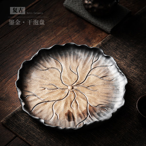 Plateau à thé en céramique, motif feuille de lotus, en poterie rustique dorée, pour service de thé Kung Fu, avec rangement et plateau de préparation à sec, style chinois rétro - Product Image 5