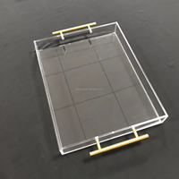 Plateau de service rectangulaire en acrylique transparent avec couvercle et séparateurs personnalisés, organisateur de bureau pour aliments avec poignées dorées