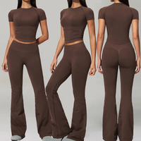 Ensemble de yoga sans couture à manches courtes côtelées, haut court et pantalon large, tenue de sport taille haute avec leggings évasés effet push-up