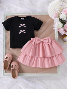 Conjunto de Verano para Niña Estilo Europeo y Americano, Camiseta de Algodón <span class=keywords><strong>con</strong></span> Estampado de Lazo y Manga Corta Negra y Vestido Tutú <span class=keywords><strong>con</strong></span> Volantes - Product Image 6
