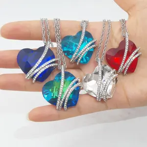 New fashion alloy tarnish free bling icy titanic big glass heart of ocean pendant necklace for wholesale