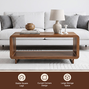 Rectangular 2-Tier Wooden Coffee Table with Open <b>Storage</b> Shelf Rounded Edge Low Profile Tea Table Modern Minimalist Center Table - Product Image 5