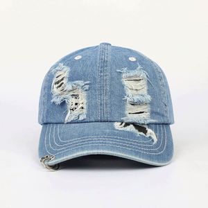 Manufactory Wholesale Most Popular 6 Panel Stylish Youth Fitted Unstructured Denim Jeans Distressed Baseball <b>Hat</b> - Product Image 1
