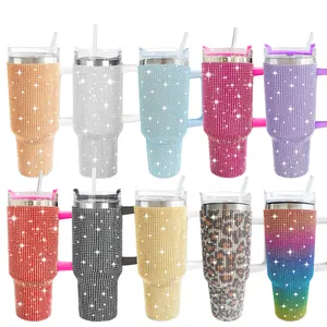 DD2738 edelstahl isoliert reise-kaffeebecher Diamant-Vakuum-Becher mit Stroh Kristall Bling 40 Unzen Becher mit Griff