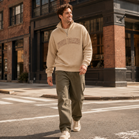 Sweat-shirt à col montant zippé pour homme, en coton gaufré épais beige, avec imprimé lettres, marque privée