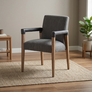 Chaise de salle à manger moderne en tissu rembourré avec pieds en bois et accoudoirs noirs pour usage domestique ou de bureau - Product Image 3