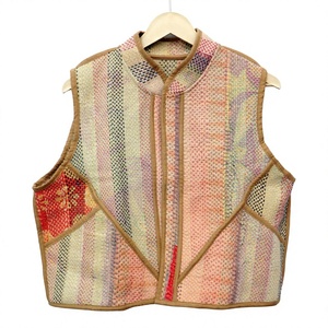 Gilet vintage patchwork pour femme, col en V, respirant, écologique, brodé, court, à fermeture ouverte, en coton tissé - Product Image 1