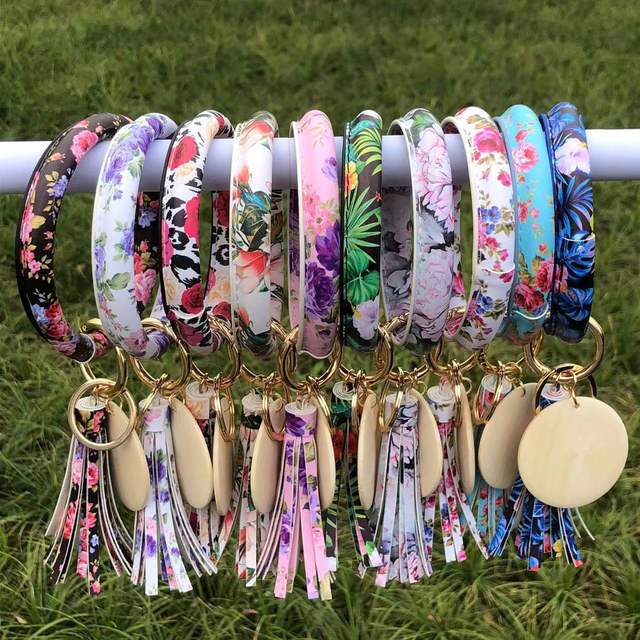 New Arrival Key Ring Wristband Bracelet Leather Flower Print Bracelet Tassel Keychain Holder
