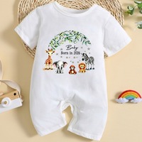 Romper Bayi Musim Panas 2026 Motif Hewan 100% Katun Lengan Pendek Putih Ramah Lingkungan Bernapas Unisex Kancing Tekan Selangkangan