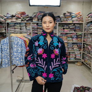 Veste respirante TNT pour femme, col rond, manches longues, broderie florale à la main, fermeture à points ouverts, vêtements d'hiver, doublure en coton - Product Image 1