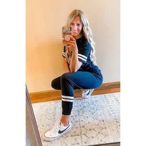 Women <b>Summer</b> Two Piece Outfits Striped Short Sleeve Pullover And Long <b>Pants</b> Tracksuit Casual Breathable Lounge Set - Product Image 4