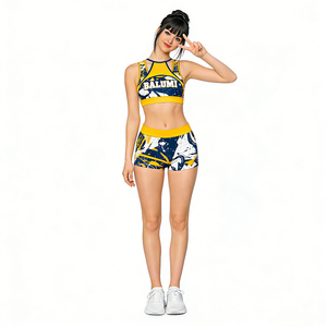 Ensemble <span class=keywords><strong>de</strong></span> <span class=keywords><strong>danse</strong></span> Balumi pour filles, uniforme <span class=keywords><strong>de</strong></span> cheerleading respirant en spandex, bleu marine et jaune, imprimé avec strass, haut court et short, vente chaude OEM - Product Image 4