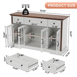 Buffet de style farmhouse SENYU 53,5 pouces avec portes en verre, 3 tiroirs et étagères réglables, blanc - Product Image 3