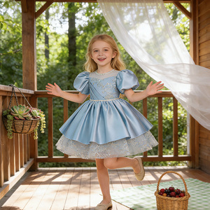 Gaun Pesta Anak Perempuan FSMKTZ Biru Lengan Pendek Model Formal untuk Usia 4-8 Tahun, Pakaian Ulang Tahun Pengiring Pengantin - Product Image 1