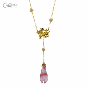 Customized Magnolia Flower Necklace Jade Fashion Jewelry 925 Sterling Silver Trendy Necklace Gold Plated Long Pendants Necklace