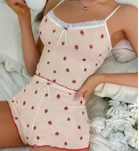 Stile classico di vendita caldo da donna a righe stampate alla fragola senza maniche e Shorts 2 pezzi Set per la casa pigiama da donna - Product Image 5