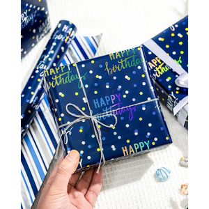 Rollo de Papel de Regalo de Cumpleaños Azul Metálico Holográfico, Papel de Regalo Reversible con Rayas, 46.5 Pies Cuadrados - Product Image 2