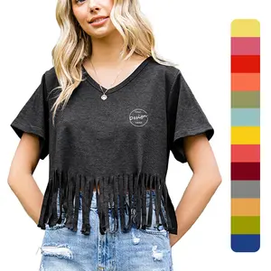 Kaus Wanita Atasan berpinggiran desain mode kustom kaus 100% katun lengan pendek warna polos ukuran besar