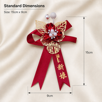 Boutonnière de Boda Doble Felicidad con Cinta de Satén Roja y Perla, Broche para Novia, Novio y Miembros de la Familia, Decoración Tradicional