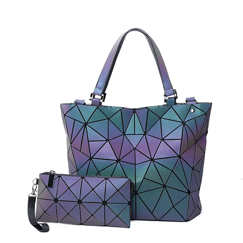 Factory Wholesale Fashion Women Geometric Luminous Lattice Holographic Handbag Bag Reflective Fold Shoulder Tote Bag Crossbody