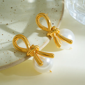 Boucles d'oreilles en perles artificielles à nœuds en acier inoxydable 304 plaqué or 18 carats de haute qualité, accessoires de mode pour femmes - Product Image 3