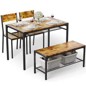 घर रसोई भोजन कक्ष आयत लकड़ी धातु नाश्ता दोपहर के भोजन के खाने की मेज सेट 4Pcs बेंच के साथ खाने की मेज और कुर्सियों