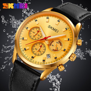 Skmei Men's Quartz Watch Chronograph Calendar Water Resistant Leather Strap Gold Case Black Dial - Product Image 2