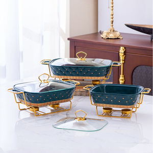 สีชมพูสีขาวสีเขียวเซรามิคอาหารกระทะ Chafing จานหม้อชุดจาน Chafing เครื่องลายครามสําหรับบุฟเฟ่ต์พร้อมขาตั้งสีทอง - Product Image 4