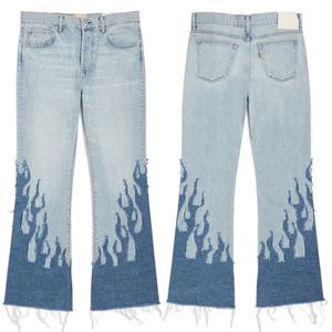 Jeans de Hombre al por Mayor, Personalizados, de Buena Calidad, Diseño de Moda, Bordado de Llamas, Estilo Urbano, Vintage, Lavado Azul - Product Image 1