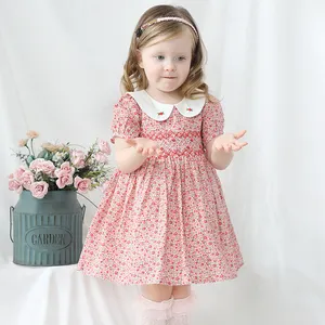 Handmade Summer Autumn A-line Style Bow Embroidered Floral Baby Girl Cotton Smocked Dress