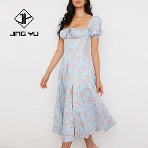 ชุดเดรสลำลองแฟชั่น OEM ลายดอกไม้ จับจีบช่วงอก ผูกโบว์ คอเหลี่ยม ตัดเย็บตามสั่ง ผ้าเรยอน ความยาวปานกลาง - Product Image 3