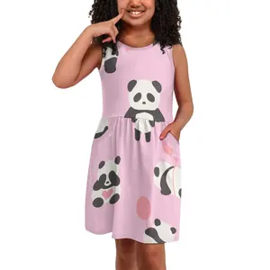 Encantadores dibujos animados Panda patrones niñas vestido con bolsillos verano transpirable chaleco vestidos para niños OEM venta al por mayor ropa de chico