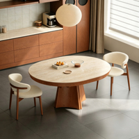 Table à manger ovale multifonctionnelle en dalles de travertin avec pieds en bois massif, assemblée, extensible, pliable, style luxe léger pour petits espaces