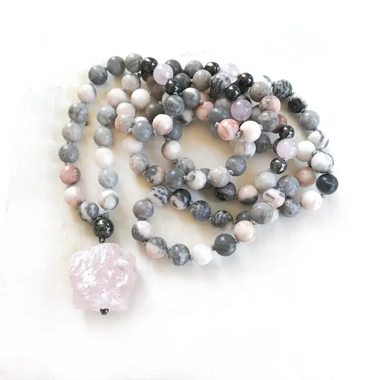 2024 Pink Zebra Jasper Stone Mala Necklaces Knotted 108 Beads Natural Gemstones Handmade Rose Quartz Pendant Necklace