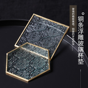 Copper Strip Embossed Glass Coaster <b>Square</b> Shape Handmade Tea Cup Pad Home Decorative Mat - Product Image 1